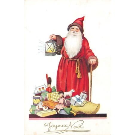 n°28371 - Joyeux Noël - Père Noël tenant une lanterne, avec des jouets à ses pieds
