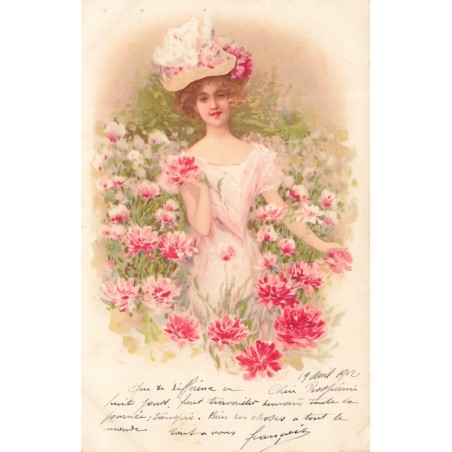 n°28377 - Fantaisie - MSM - Jeune femme au milieu de fleurs dans un champs