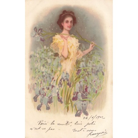 n°28378 - Fantaisie - MSM - Jeune femme au milieu d'Iris dans un champs