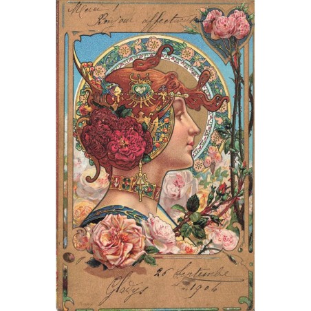 n°28384 - Illustrateur Hingre - Art Nouveau - Portrait d'une Femme de profil, avec des roses