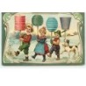 n°13392 - Carte Gaufrée - Bonne Année - Enfants avec des lampions - chien
