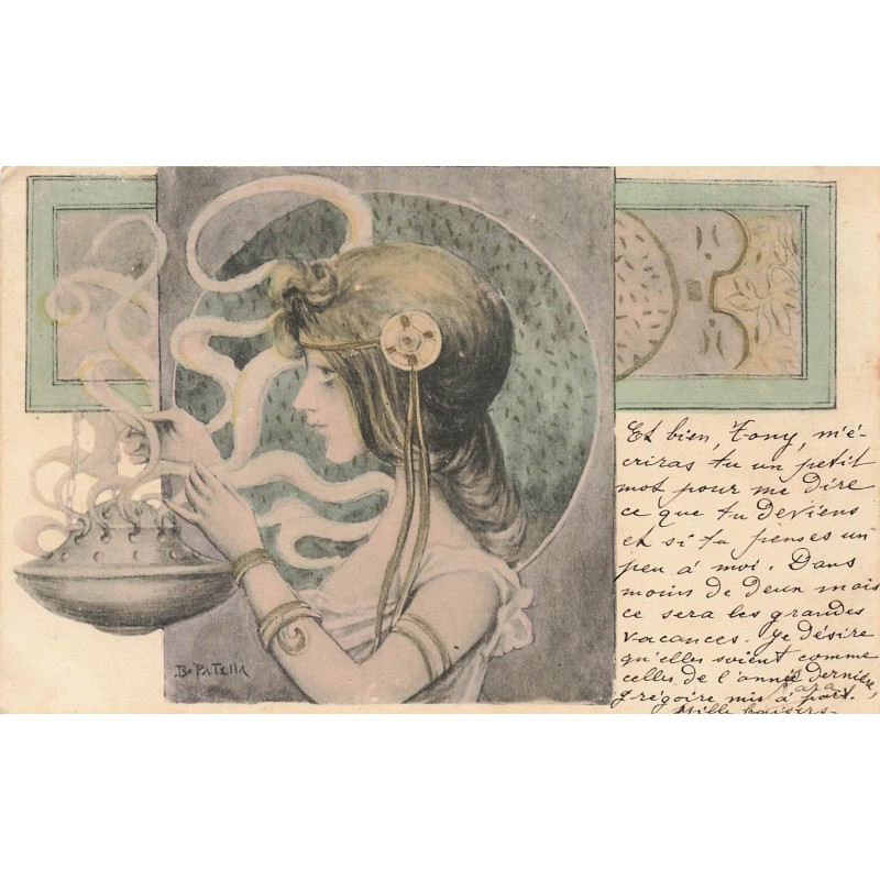 n°28386 - Illustrateur B. Patella - Art Nouveau - Femme de profil tenant un brûleur d'encens