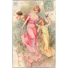 n°28394 - Carte Gaufrée - Clapsaddle - Une femme et une fillette avec une hirondelle sur la main