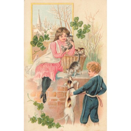 n°28398 - Carte Gaufrée - n°292/3 - Jeune fille câlinant des chats, près d'un garçon tenant un chien