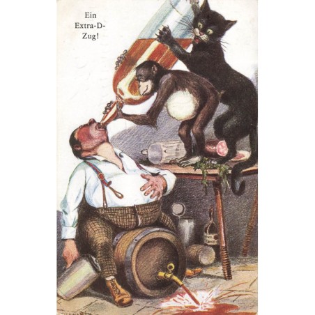 n°28399 - Fantaisie - Ein Extra-D-Zug - Chat et Singe donnant à boire à la bouteille à un homme