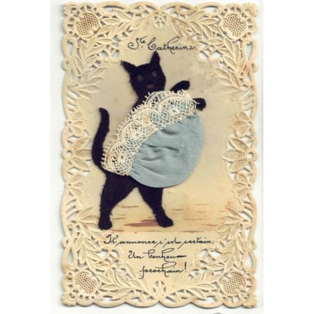 n°28403 - Sainte-Catherine - Chat noir portant un bonnet bleu - Chat en feutrine