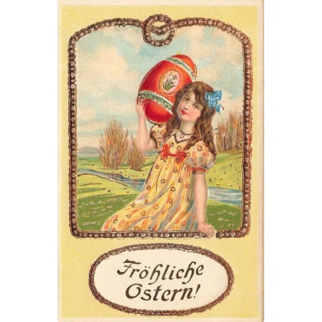 n°28415 - Carte Gaufrée - 1052 - Fröhliche Ostern - Fillette portant sur son épaule un oeuf décoré