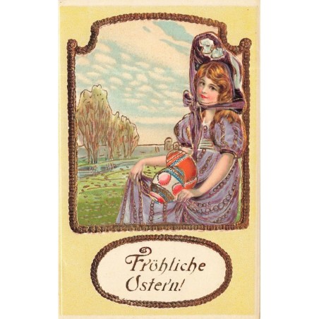 n°28416 - Carte Gaufrée - 1052 - Fröhliche Ostern - Fillette avec des oeufs décorés