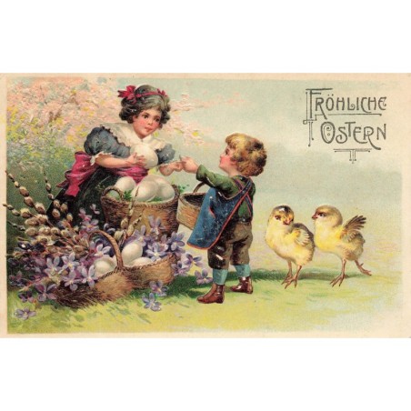 n°28417 - Carte Gaufrée - Fröhliche Ostern - Un jeune garçon achetant un oeuf, sous le regard de poussins