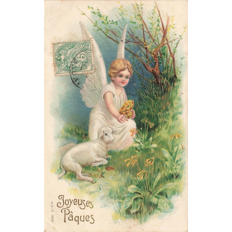 n°28419 - Carte Gaufrée - MSIB 13601 - Joyeuses Pâques - Ange cueillant des fleurs, un mouton couché à côté de lui