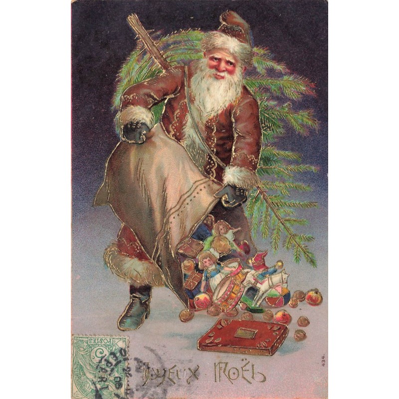 n°28422 - Carte Gaufrée - Joyeux Noël - Père Noël renversant son sac rempli de jouets