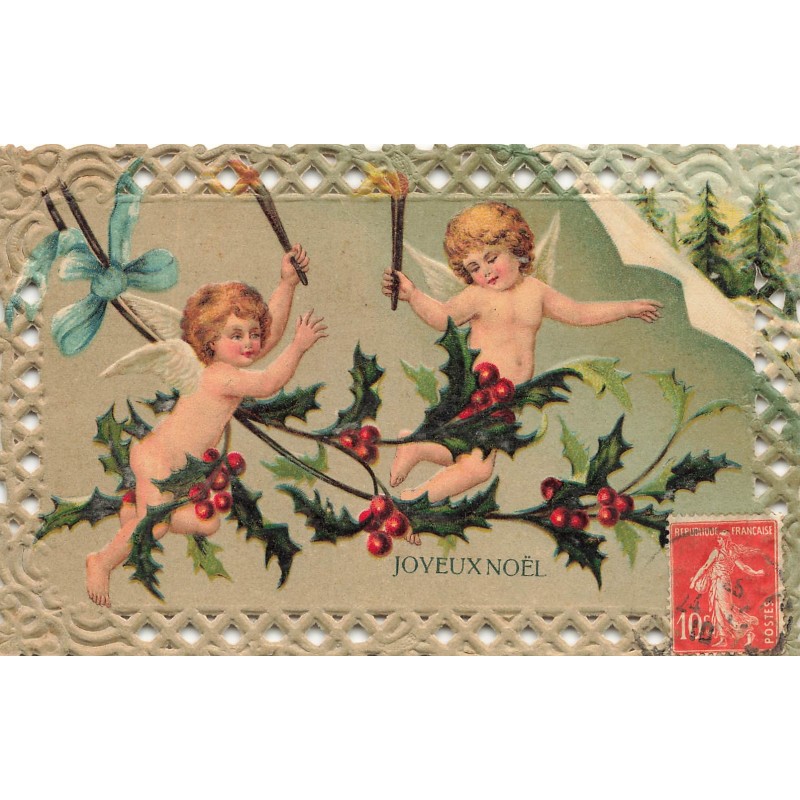 n°28423 - Joyeux Noël - Anges volant au milieu de houx