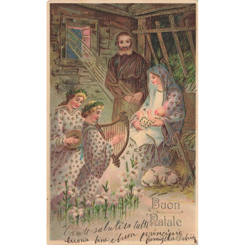 n°28424 - Carte Gaufrée - Noël - Buon Natale - Scène de la nativité