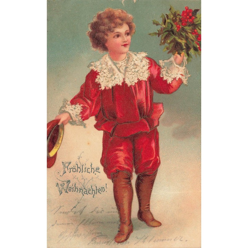 n°28425 - Clapsaddle - Fröhliche Weihnachten - Jeune homme tenant un bouquet de houx