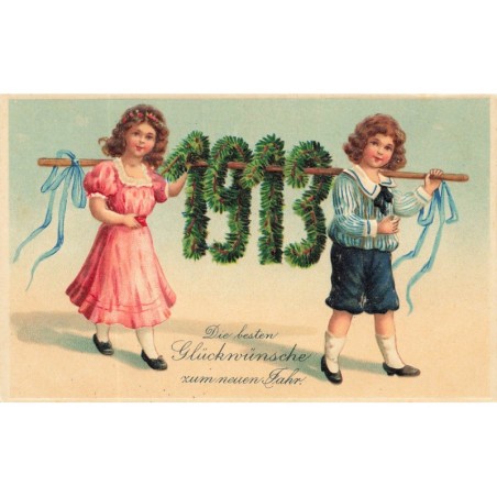 n°28427 - Carte Gaufrée - MSIB 14777 - Nouvel An - 1913 - Couple portant des chiffres