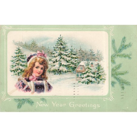 n°28428 - Carte Gaufrée - New Year Greetings - Fillette près d'une maison enneigée