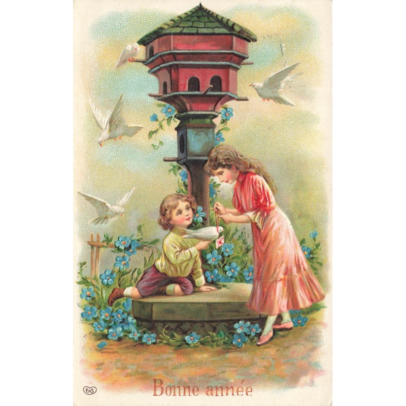 n°28429 - Carte Gaufrée - Bonne Année - Jeune fille accrochant un mot à une colombe, près d'un colombier