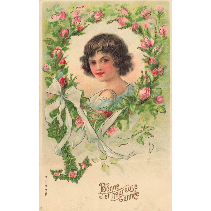 n°28430 - Carte Gaufrée - MSIB 13614 - Bonne et Heureuse Année - Portrait d'une fillette entourée de fleurs