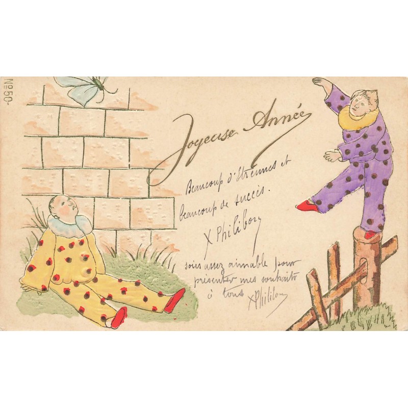 n°28431 - Carte Gaufrée - Joyeuse Année - Clown, l'un par-terre, l'autre en équilibre