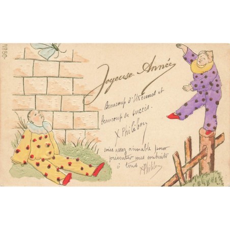 n°28431 - Carte Gaufrée - Joyeuse Année - Clown, l'un par-terre, l'autre en équilibre