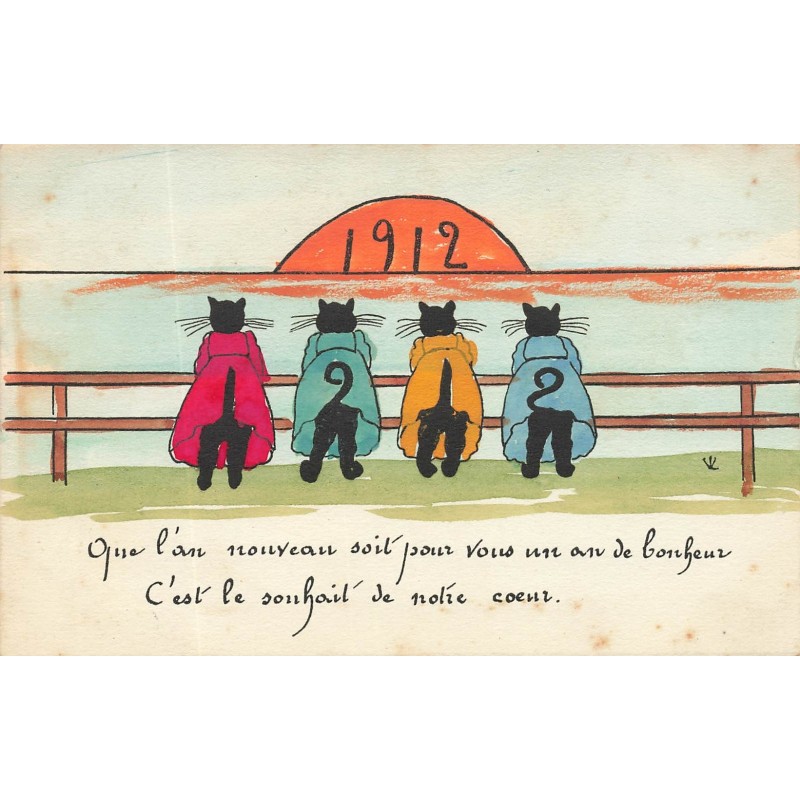 n°28432 - Nouvel An - 1912 - Chats noirs habillés regardant un coucher de soleil