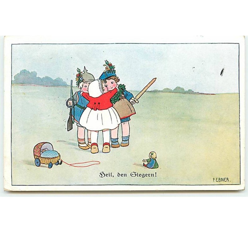 n°13409 - P. Ebner - Heil, den Giegern - Fillette embrassant deux autres enfants jouant à la guerre - MM Vienne n°1020