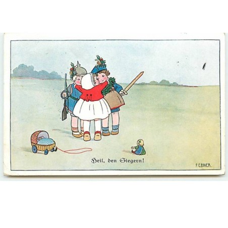 n°13409 - P. Ebner - Heil, den Giegern - Fillette embrassant deux autres enfants jouant à la guerre - MM Vienne n°1020