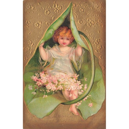 n°28437 - Carte Gaufrée - Clapsaddle - Enfant au milieu d'une feuille de nénuphar