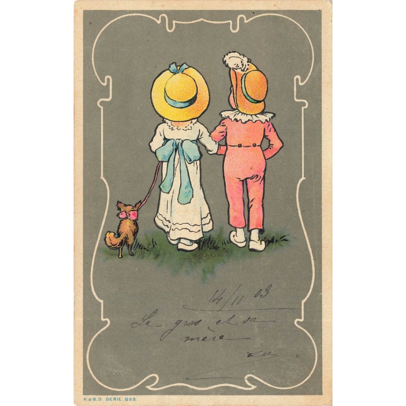 n°28439 - Fantaisie - Couple d'enfants de dos se promenant avec un chien