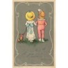 n°28439 - Fantaisie - Couple d'enfants de dos se promenant avec un chien
