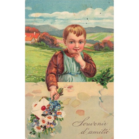 n°28441 - Carte Gaufrée - Fantaisie - Souvenir d'Amitié - Enfant tenant un bouquet de fleurs