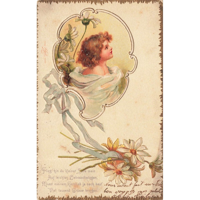 n°28444 - Carte Gaufrée - Clapsaddle - Portrait  d'une fillette regardant en l'air