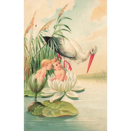 n°28446 - Carte Gaufrée - Fantaisie - Cigogne regardant des bébés dans des fleurs de nénuphar