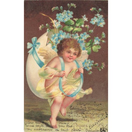 n°28448 - Carte Gaufrée - Clapsaddle - Joyeuses Pâques - Ange portant sur le dos un oeuf rempli de fleurs