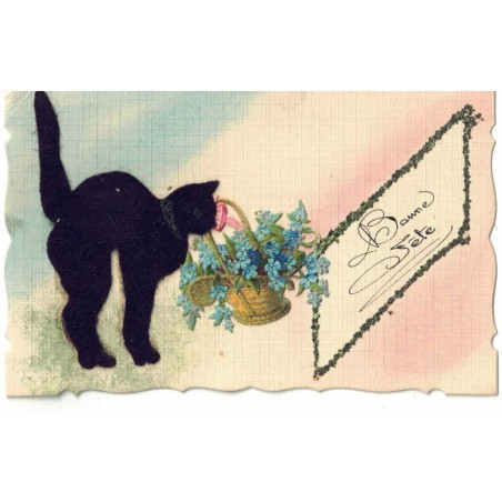 n°28451 - Fantaisie - Chat noir en feutrine, portant un panier rempli de myosothis