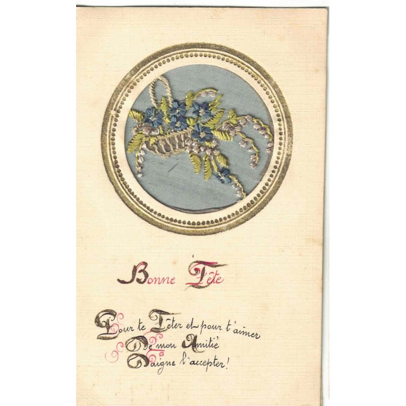 n°28452 - Fantaisie - Carte Brodée -Fleurs dans un médaillon