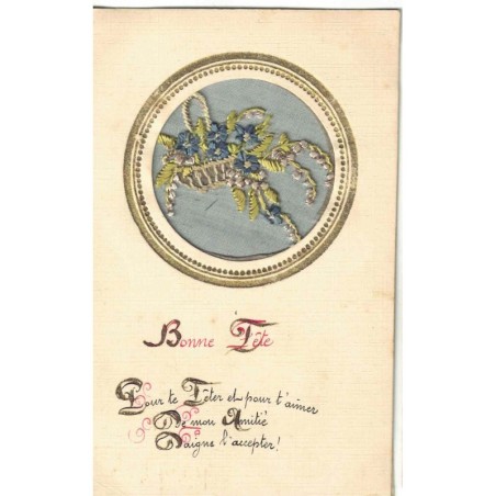 n°28452 - Fantaisie - Carte Brodée -Fleurs dans un médaillon