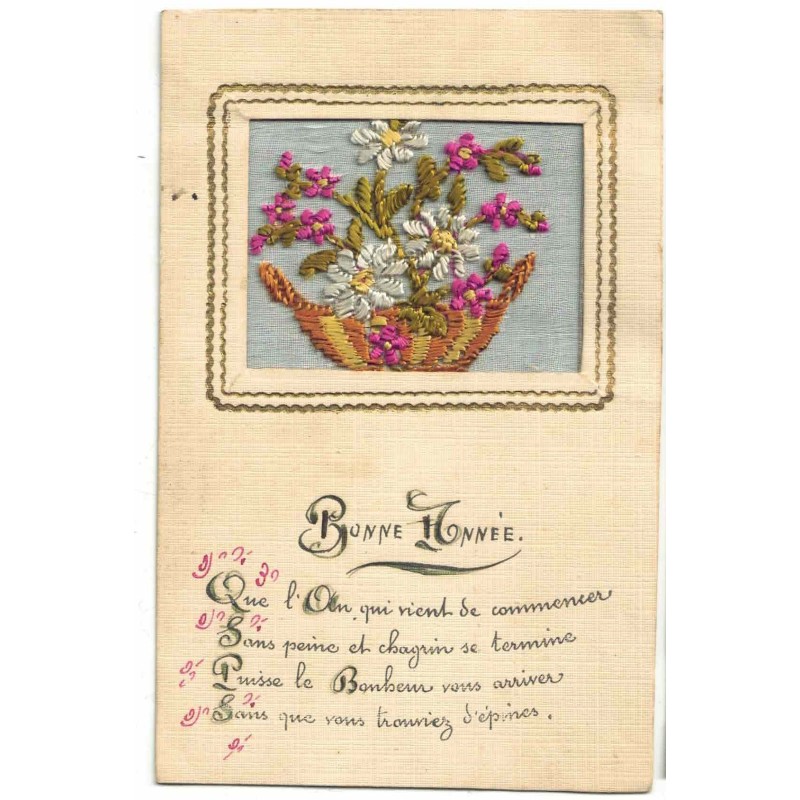 n°28453 - Fantaisie - Carte Brodée -Fleurs dans un médaillon de forme carrée