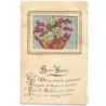 n°28453 - Fantaisie - Carte Brodée -Fleurs dans un médaillon de forme carrée