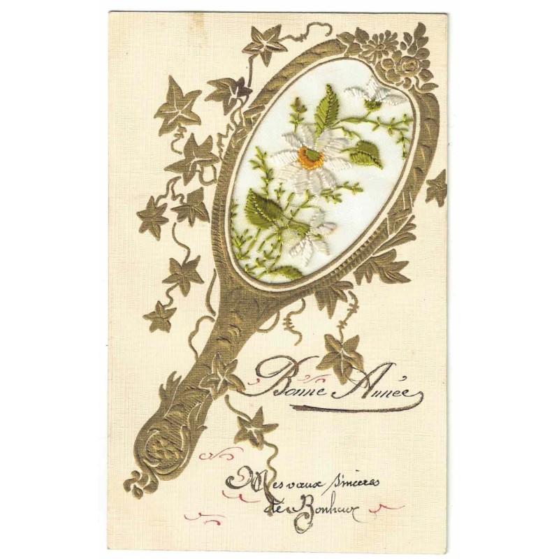 n°28454 - Fantaisie - Carte Brodée -Fleurs dans un médaillon en forme d'un miroir