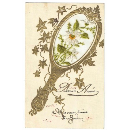 n°28454 - Fantaisie - Carte Brodée -Fleurs dans un médaillon en forme d'un miroir