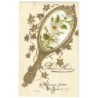 n°28454 - Fantaisie - Carte Brodée -Fleurs dans un médaillon en forme d'un miroir