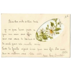 n°28454 - Fantaisie - Carte Brodée -Fleurs dans un médaillon en forme d'un miroir