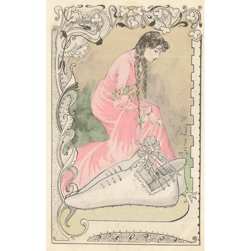 n°28457 - Illustrateur Gaston Noury - Jeune femme près de très grandes chaussures avec des lacets