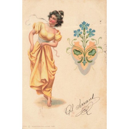 n°28460 - Fantaisie - Jeune femme dansant près d'une sorte de blason décoré de fleurs