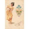n°28460 - Fantaisie - Jeune femme dansant près d'une sorte de blason décoré de fleurs
