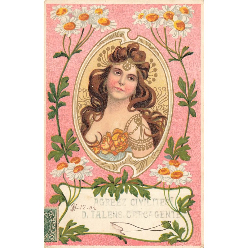 n°28461 - Art Nouveau - Jeune femme dans un médaillon entouré de marguerites