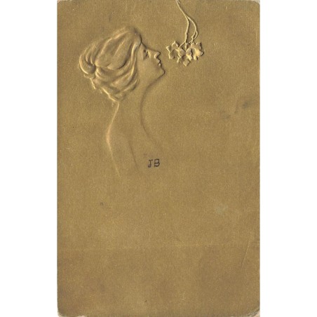 n°28467 - Carte Gaufrée - Visage d'une Femme de profil regardant des feuilles