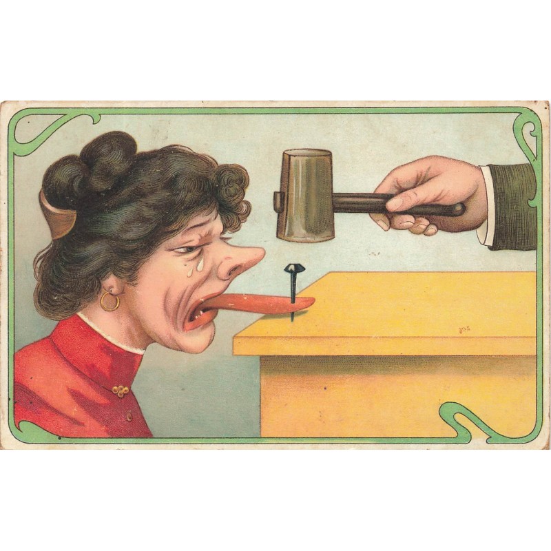 n°28470 - Carte Gaufrée - Fantaisie - Homme clouant la langue d'une femme