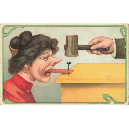 n°28470 - Carte Gaufrée - Fantaisie - Homme clouant la langue d'une femme